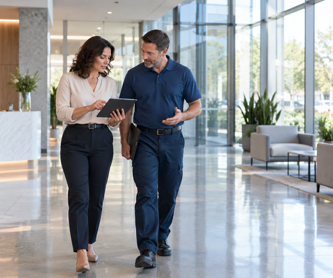 Supervisor and client walking a lobby while reviewing a tablet