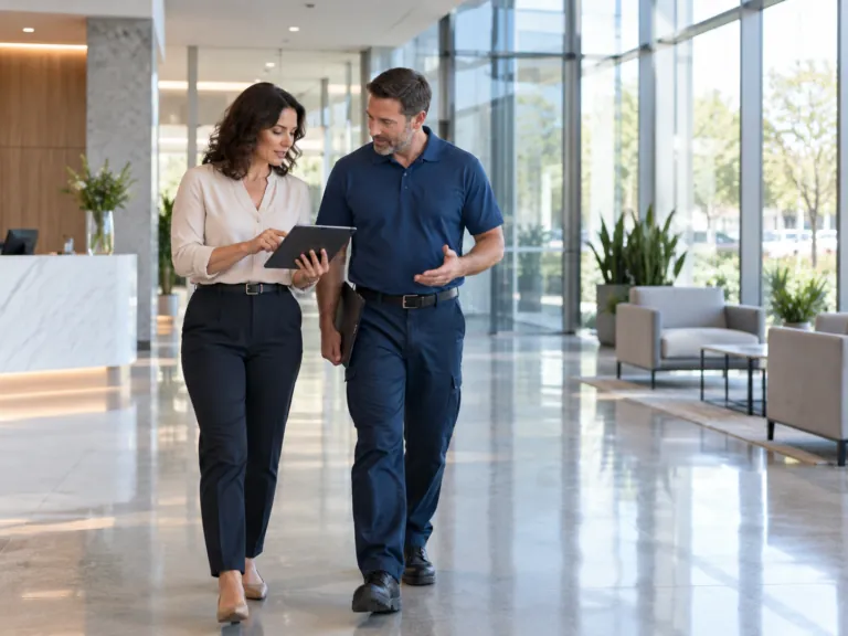 Supervisor and client walking a lobby while reviewing a tablet