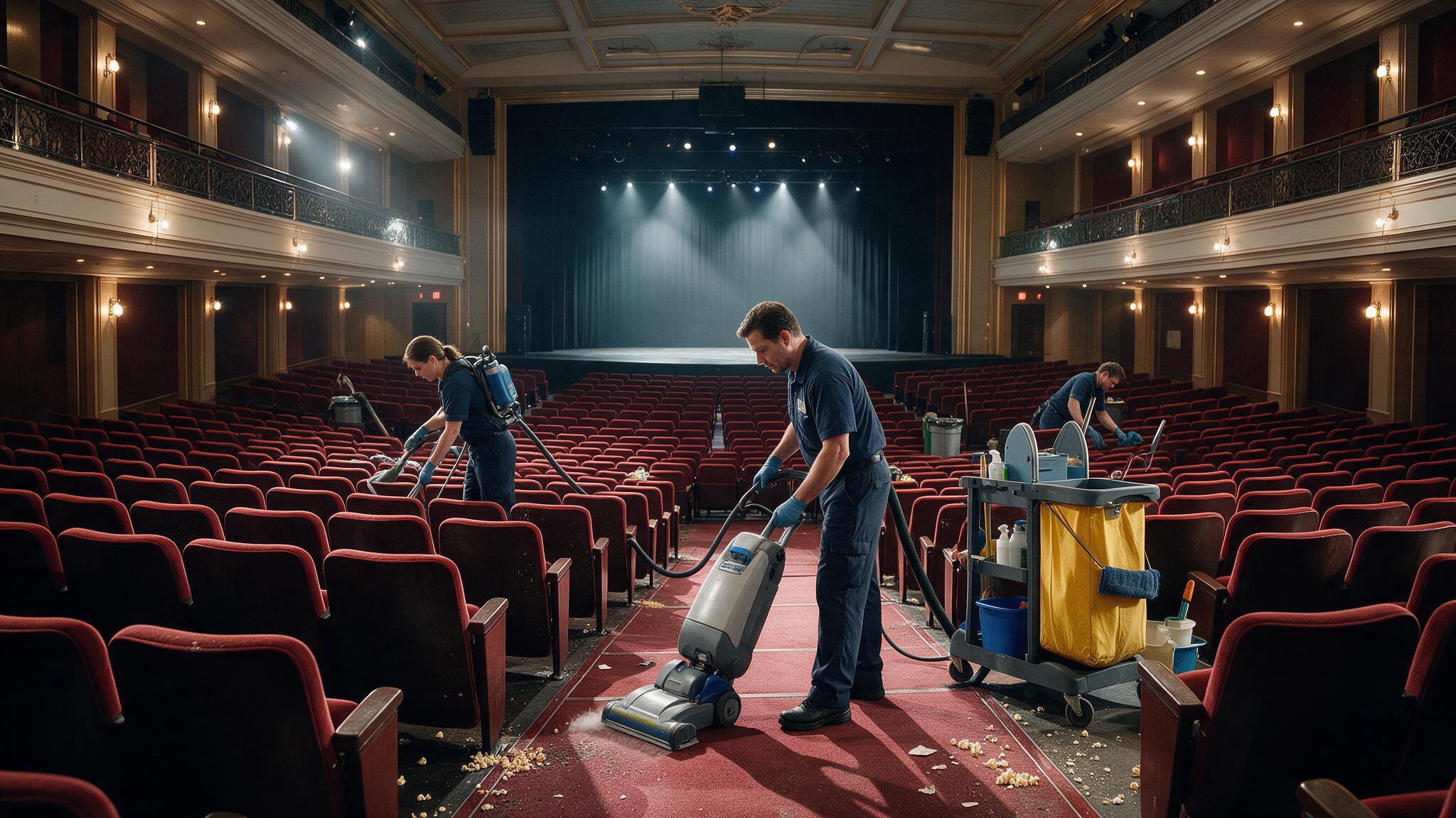 Cleaning crew working theatre seating rows after a show