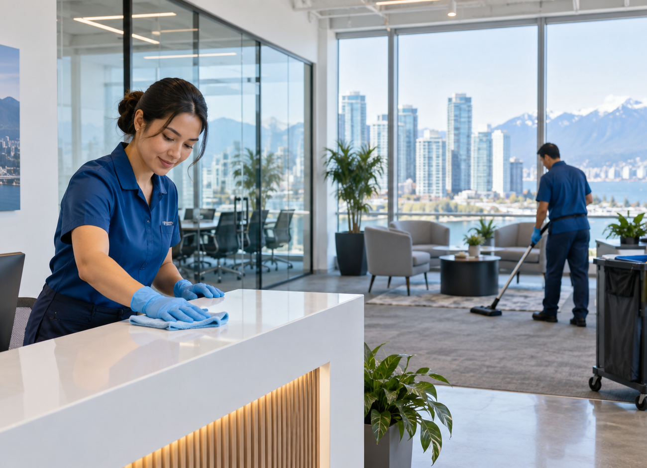 Crew member wiping a reception desk in an office overlooking the Vancouver skyline