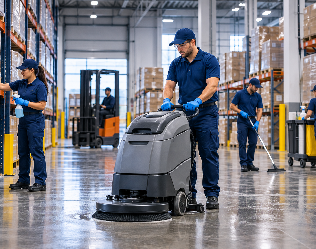 Crew running a floor scrubber down a warehouse aisle