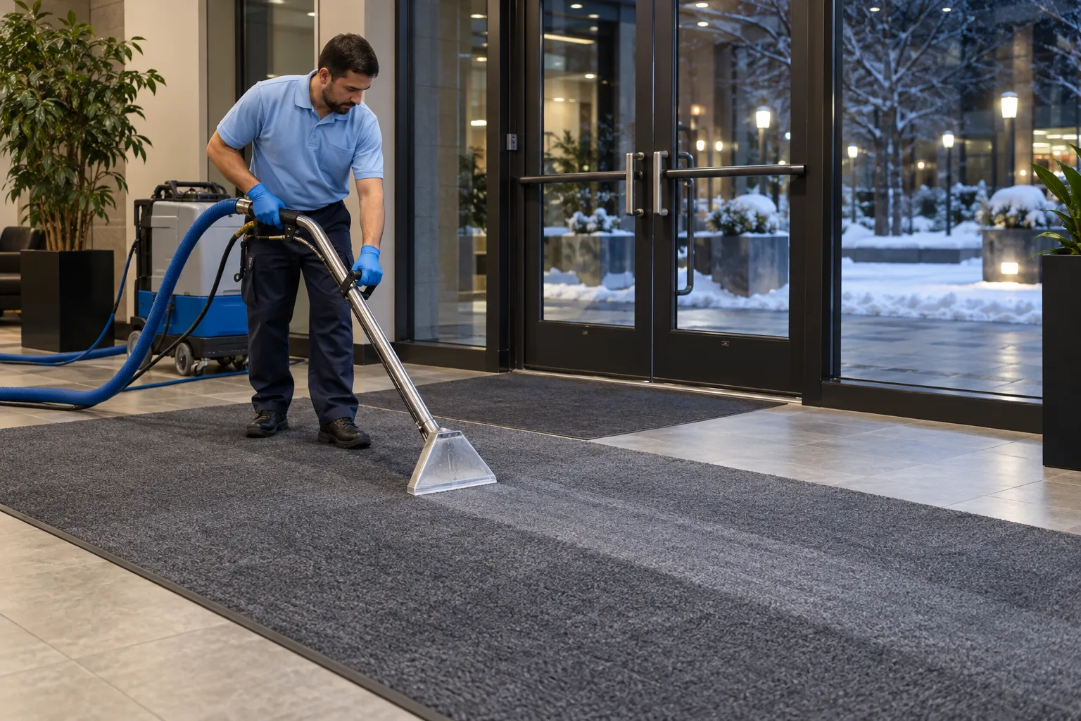 Commercial cleaner extracting entrance carpet during winter floor maintenance
