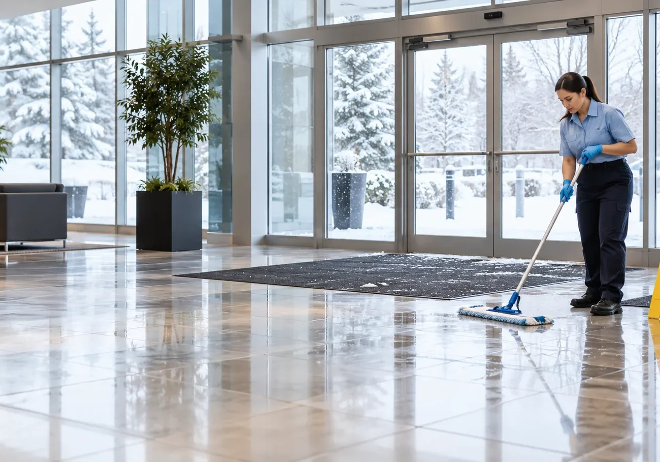 Commercial cleaner mopping a building entrance during winter floor care
