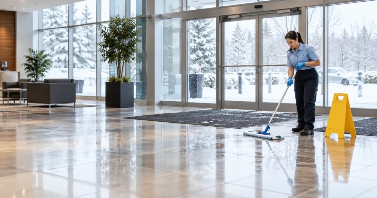 Commercial cleaner mopping a building entrance during winter floor care