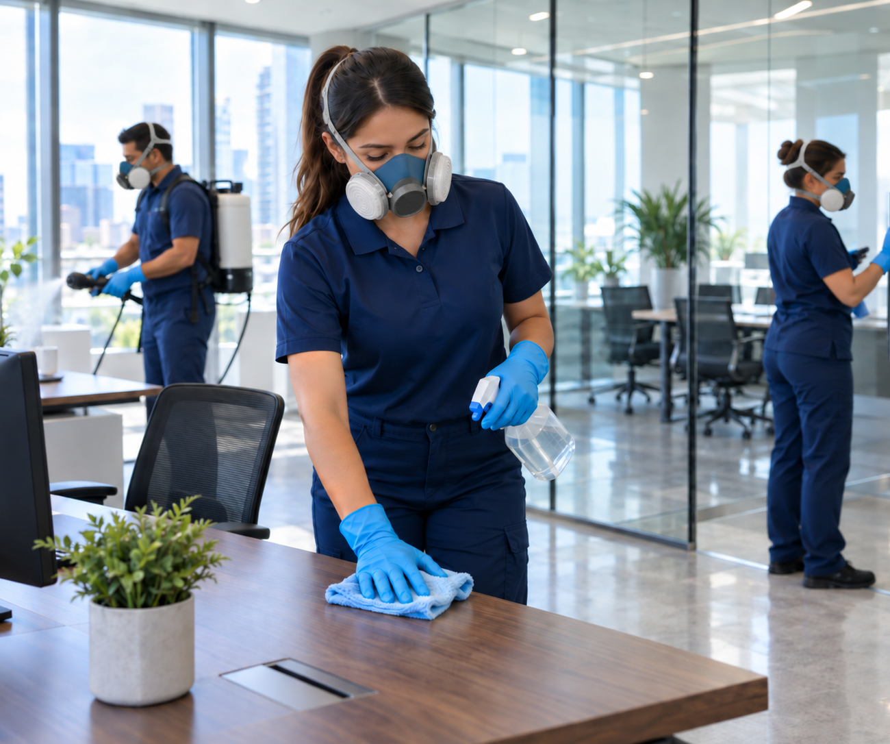 Crew member disinfecting high-touch surfaces in a workplace